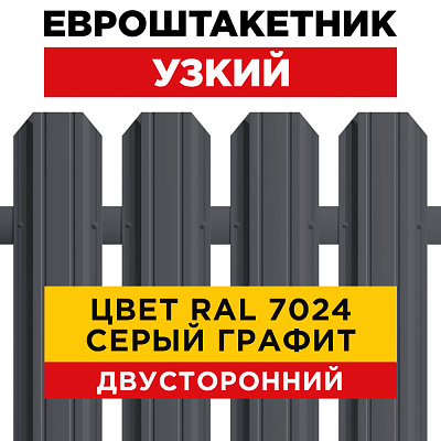 Штакетник (евроштакетник) Узкий 85мм RAL 7024 Серый графит 2-х сторонний для забора