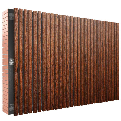 Декоративная рейка металлическая под дерево Бордовый Венге SteelArt на фасаде в сборе