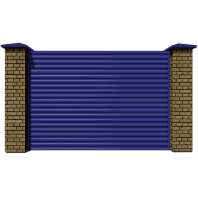 Секция забора жалюзи из ламелей еврожалюзи RAL5002 Синий Ультрамарин с кирпичными столбами анфас